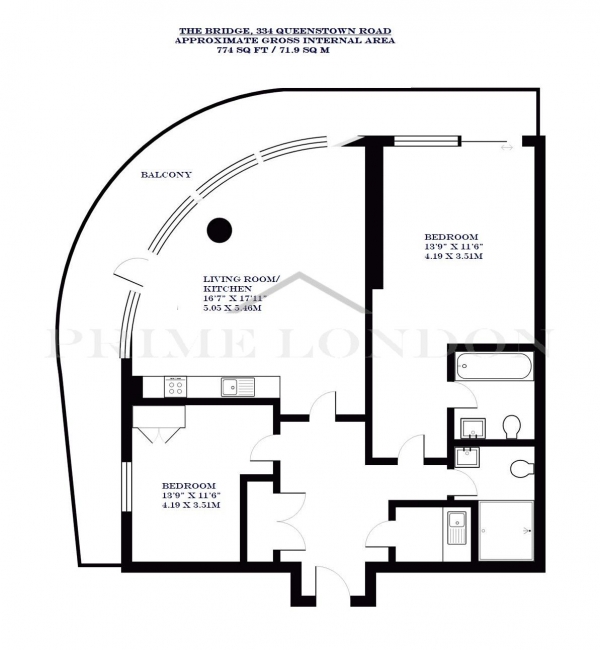 Floor Plan Image for 2 Bedroom Apartment to Rent in The Bridge, 334 Queenstown Road, London