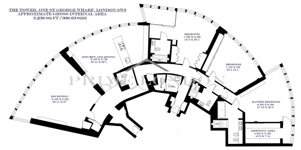 Floor Plan Image for 3 Bedroom Apartment to Rent in The Tower, One St George Wharf, London