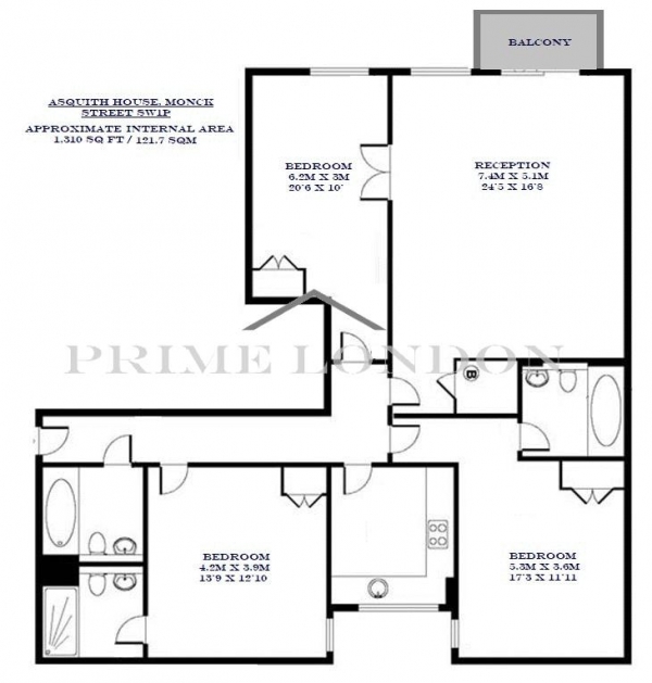 Floor Plan Image for 3 Bedroom Apartment to Rent in Asquith House, Monck Street, Westminster