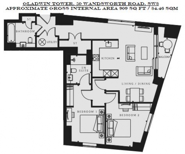 Floor Plan Image for 2 Bedroom Apartment for Sale in Gladwin Tower, 50 Wandsworth Road, Nine Elms Point