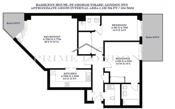 Floor Plan Image for 2 Bedroom Apartment to Rent in Hamilton House, St George Wharf, Vauxhall