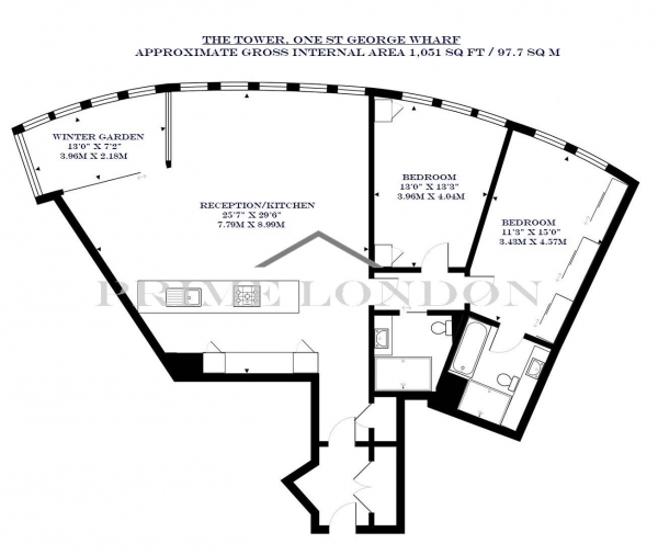 Floor Plan Image for 2 Bedroom Apartment to Rent in The Tower, One St George Wharf, London