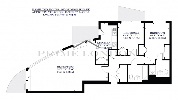 Floor Plan Image for 2 Bedroom Apartment to Rent in Hamilton House, St George Wharf, Vauxhall