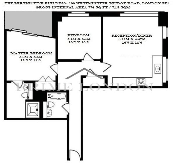 Floor Plan Image for 2 Bedroom Apartment to Rent in The Perspective Building, 100 Westminster Bridge Road, Waterloo