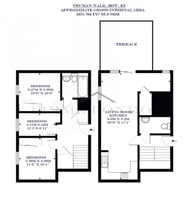 Floor Plan Image for 3 Bedroom Apartment to Rent in 24 Truman Walk, Bromley by Bow, London