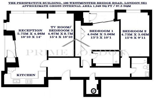 Floor Plan Image for 2 Bedroom Apartment to Rent in The Perspective Building, 100 Westminster Bridge Road, Waterloo