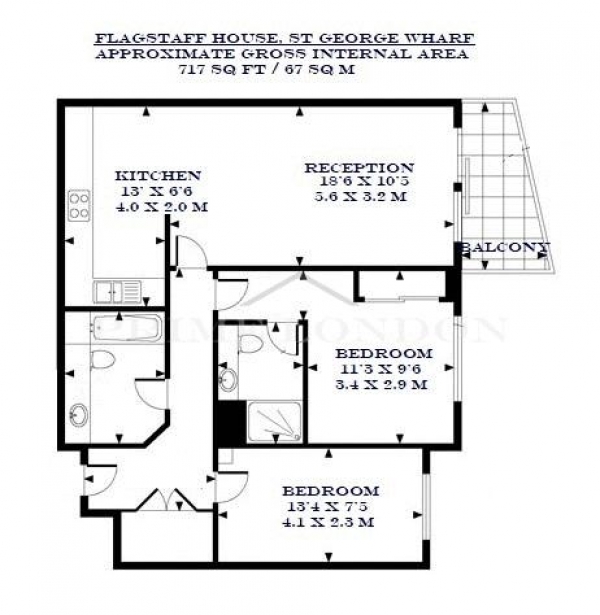 Floor Plan Image for 2 Bedroom Apartment to Rent in Flagstaff House, St George Wharf, Vauxhall