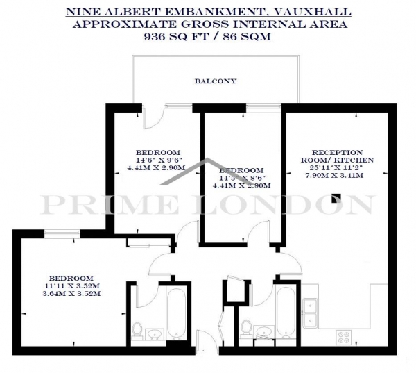 Floor Plan Image for 3 Bedroom Apartment to Rent in Nine Albert Embankment, Vauxhall, London