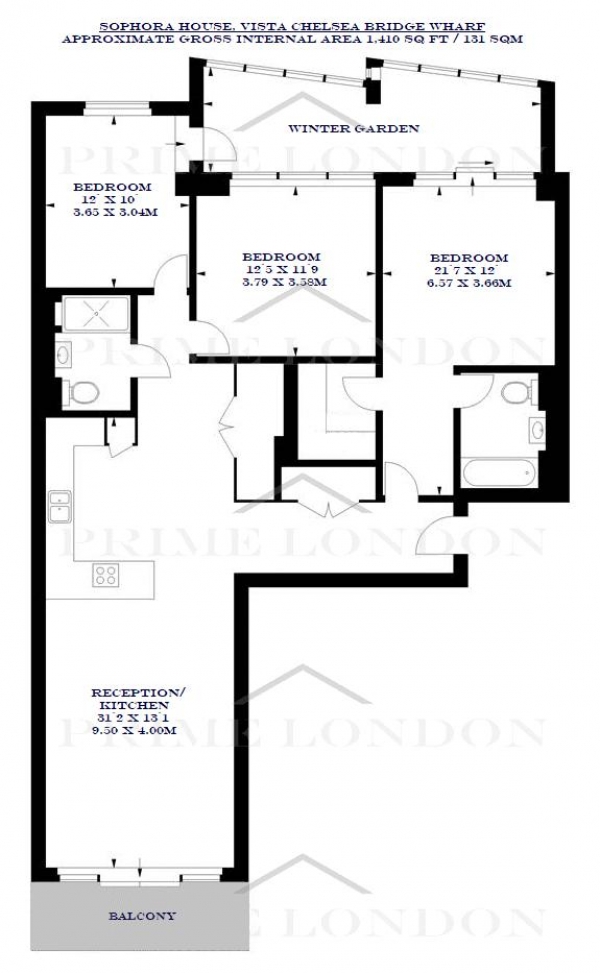 Floor Plan Image for 3 Bedroom Apartment to Rent in Sophora House, Vista Chelse Bridge Wharf, London