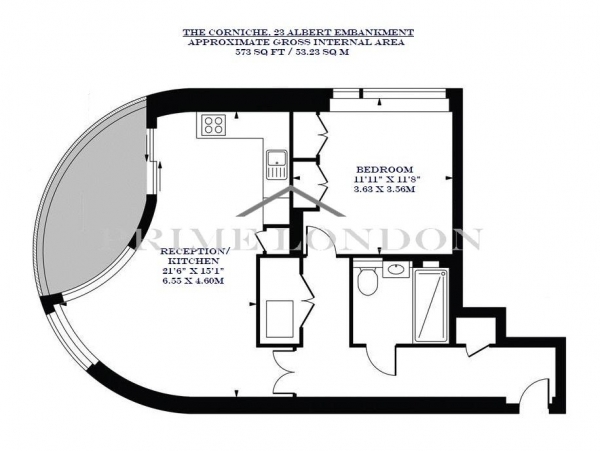 Floor Plan Image for 1 Bedroom Apartment to Rent in The Corniche, 24 Albert Embankment, Vauxhall