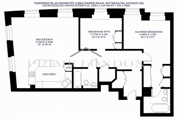 Floor Plan Image for 2 Bedroom Apartment to Rent in Whitehouse Apartments, 9 Belvedere Road, South Bank