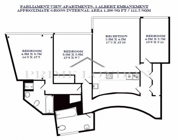 Floor Plan Image for 3 Bedroom Apartment to Rent in Parliament View Apartments, 1 Albert Embankment, London