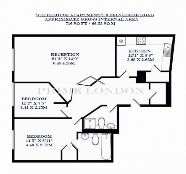 Floor Plan Image for 2 Bedroom Apartment to Rent in Whitehouse Apartments, 9 Belvedere Road, London