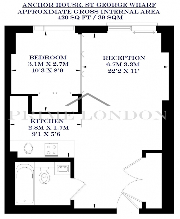 Floor Plan Image for 1 Bedroom Apartment to Rent in Anchor House, St George Wharf, London