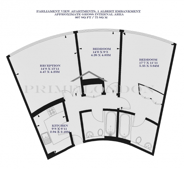 Floor Plan Image for 2 Bedroom Apartment to Rent in Parliament View Apartments, 1 Albert Embankment, London