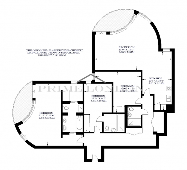 Floor Plan Image for 3 Bedroom Apartment to Rent in The Corniche, 23 Albert Embankment, London