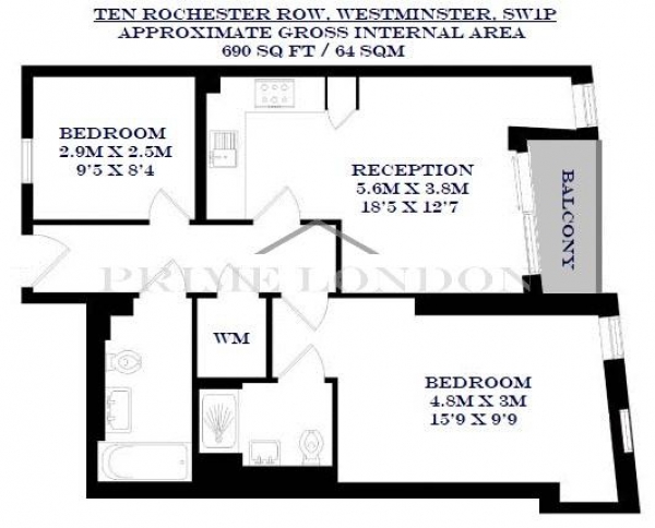 Floor Plan Image for 2 Bedroom Apartment to Rent in Ten Rochester Row, Westminster, London