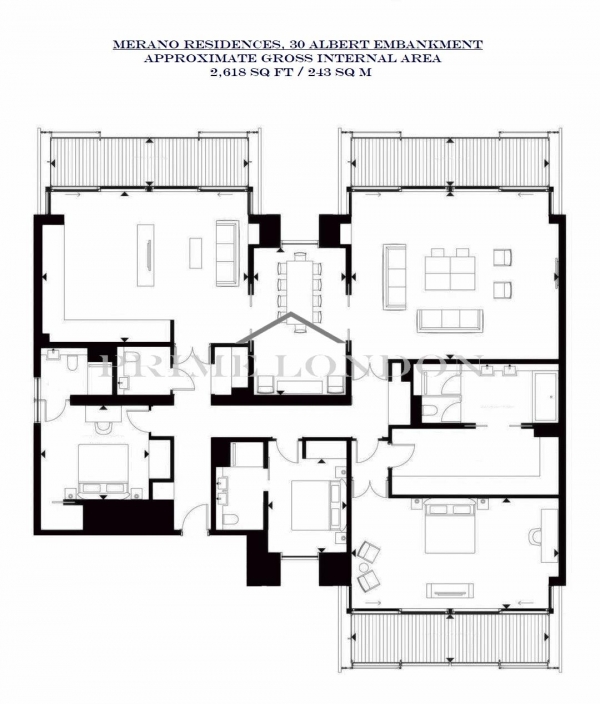 Floor Plan Image for 3 Bedroom Apartment to Rent in Merano Residences, 30 Albert Embankment, London