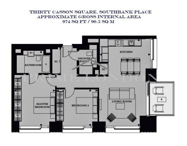 Floor Plan Image for 2 Bedroom Apartment to Rent in Thirty Casson Square, Southbank Place, Waterloo