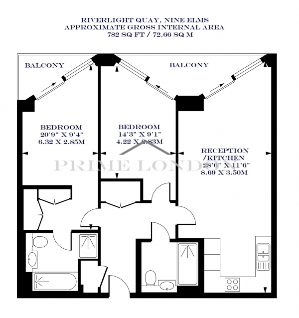 Floor Plan Image for 2 Bedroom Apartment to Rent in Three Riverlight Quay, Nine Elms, London