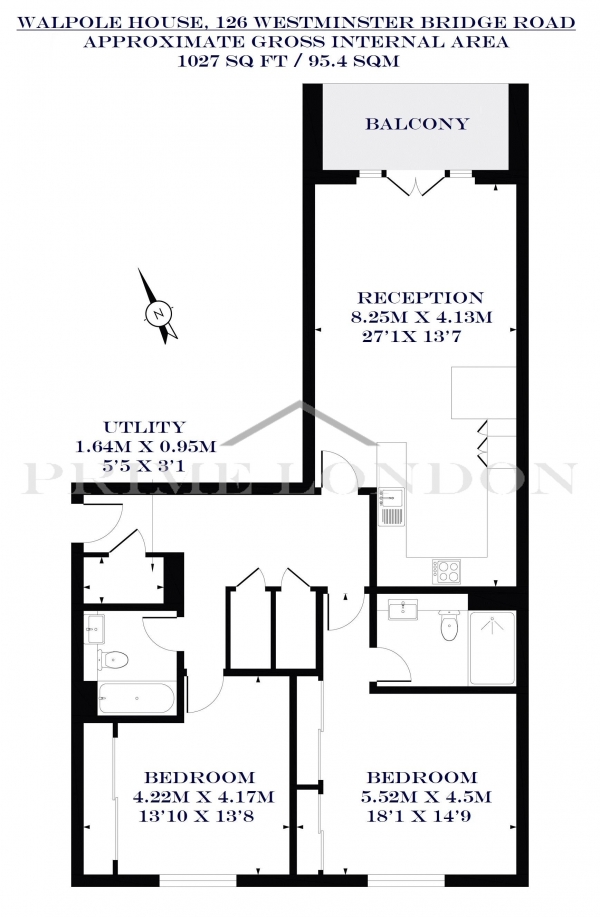 Floor Plan Image for 2 Bedroom Apartment for Sale in Walpole House, 126 Westminster Bridge Road, Waterloo