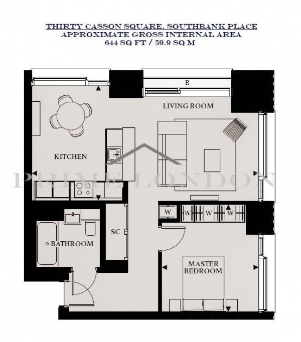 Floor Plan Image for 1 Bedroom Apartment to Rent in Thirty Casson Square, Southbank Place, Waterloo