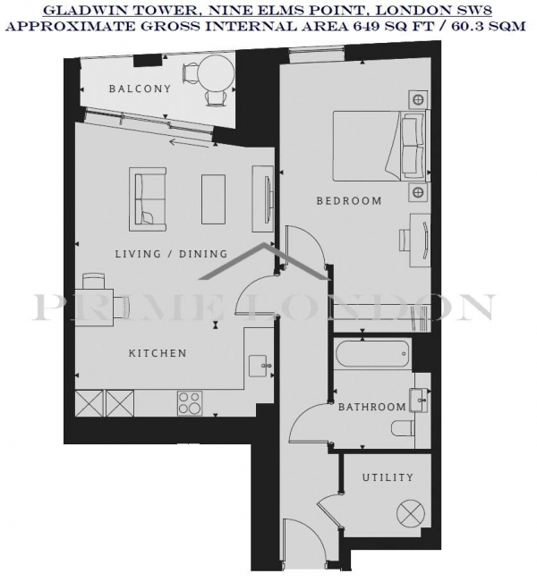 Floor Plan Image for 1 Bedroom Apartment to Rent in Gladwin Tower, Nine Elms Point, London