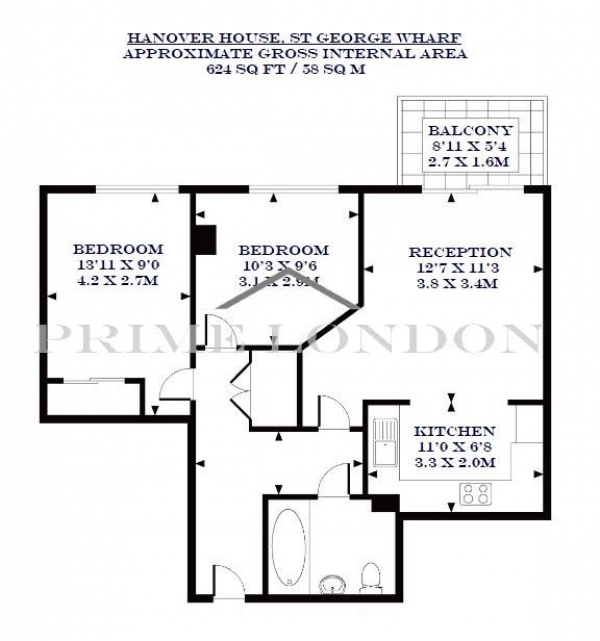 Floor Plan Image for 2 Bedroom Apartment to Rent in Hanover House, St George Wharf, London