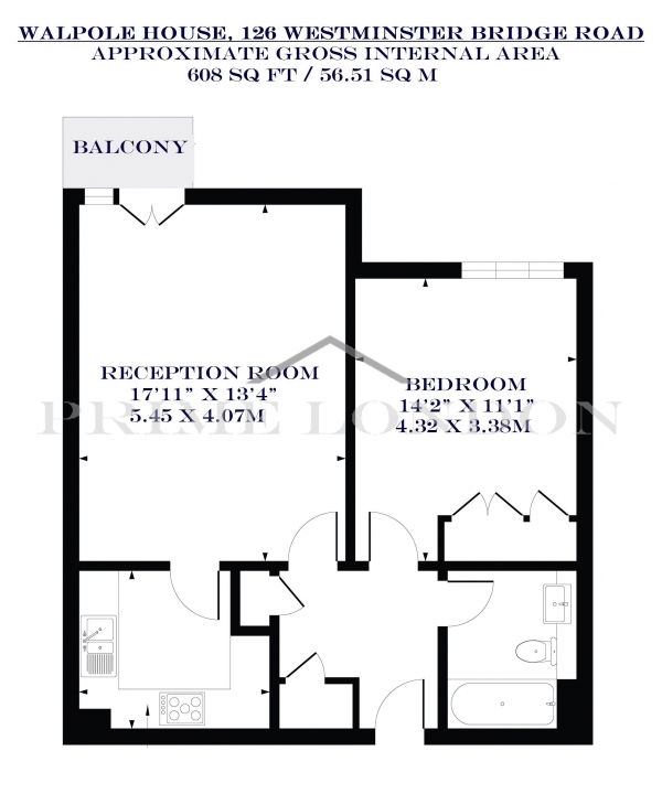 Floor Plan Image for 1 Bedroom Apartment to Rent in Walpole House, 126 Westminster Bridge Road, Waterloo