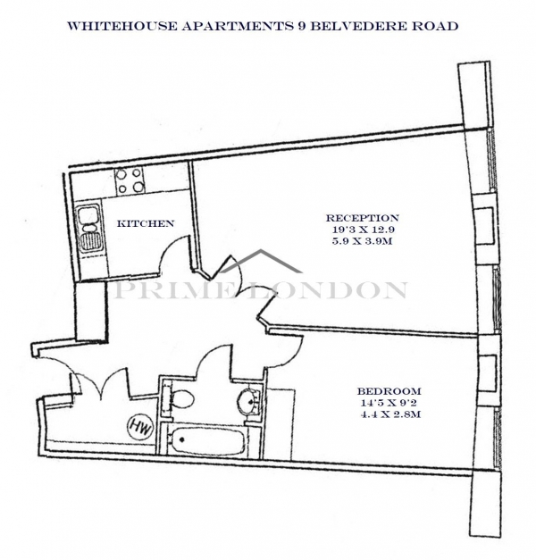 Floor Plan Image for 1 Bedroom Apartment to Rent in Whitehouse Apartments, 9 Belvedere Road, South Bank