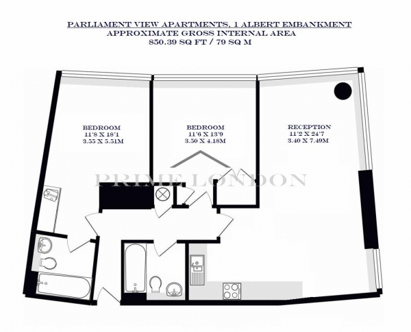 Floor Plan Image for 2 Bedroom Apartment to Rent in Parliament View Apartments, 1 Albert Embankment, London