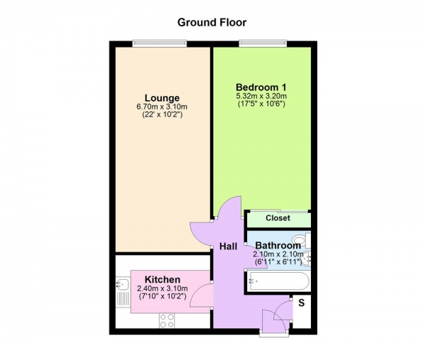 Floor Plan Image for 1 Bedroom Apartment for Sale in Walmley Park Court, Wylde Green Road, Sutton Coldfield, B76 1RJ