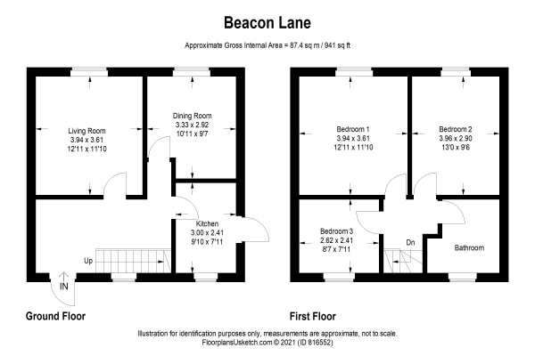 Floor Plan for 3 Bedroom Semi-Detached House for Sale in Beacon Lane, Exeter, EX4, 8LR -  &pound275,000