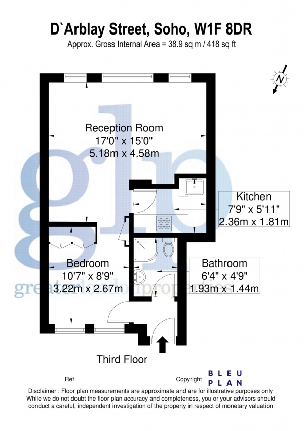 Floor Plan Image for Studio Flat to Rent in D`Arblay Street, Soho, W1F