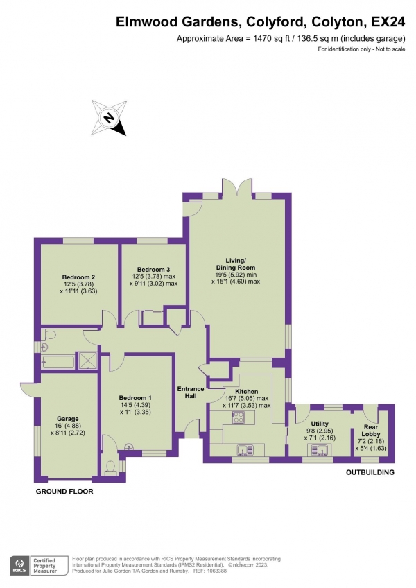 Floor Plan for 3 Bedroom Detached Bungalow for Sale in Elmwood Gardens, Colyton, Devon, Colyford, EX24, 6PW -  &pound550,000