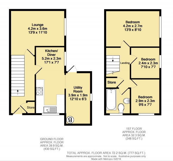 Floor Plan for 3 Bedroom Terraced House for Sale in Fulham Court, Westlands, Barrow Hill, Chesterfield, S43, Chesterfield, S43, 2PT -  &pound72,000