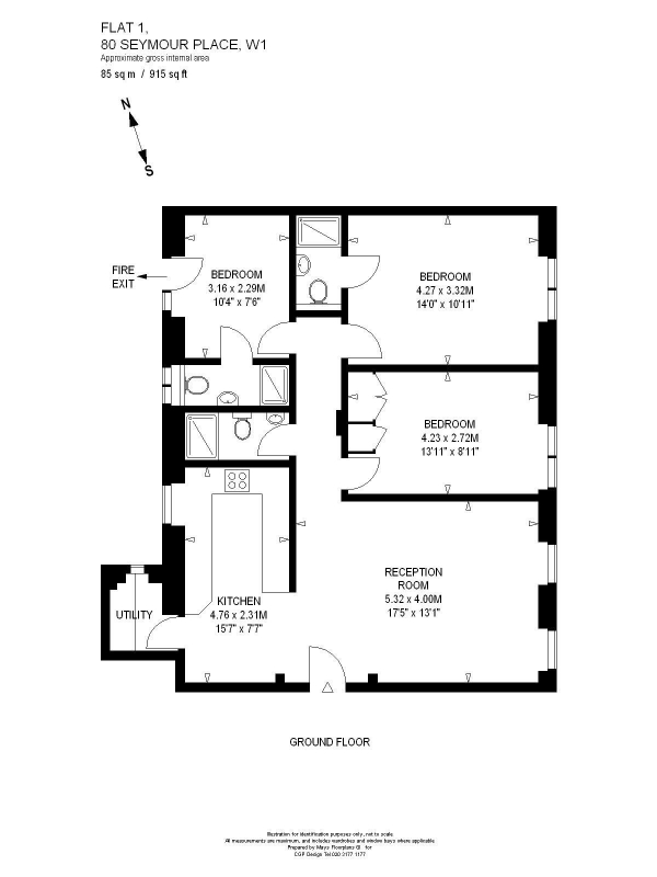 Floor Plan for 3 Bedroom Apartment for Sale in Seymour Place, Marylebone W1, Marylebone, W1H, 2NL -  &pound1,150,000