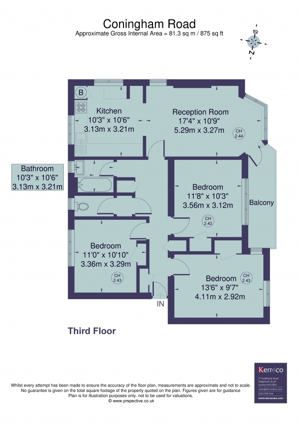 Floor Plan for 3 Bedroom Flat to Rent in Coningham Road, London, W12, 8BY - £600 pw | £2600 pcm