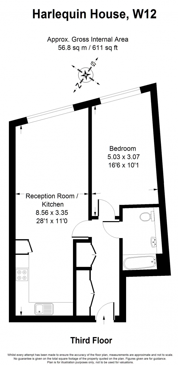 Floor Plan Image for 1 Bedroom Flat to Rent in Coningham Road, Shepherd's Bush W12