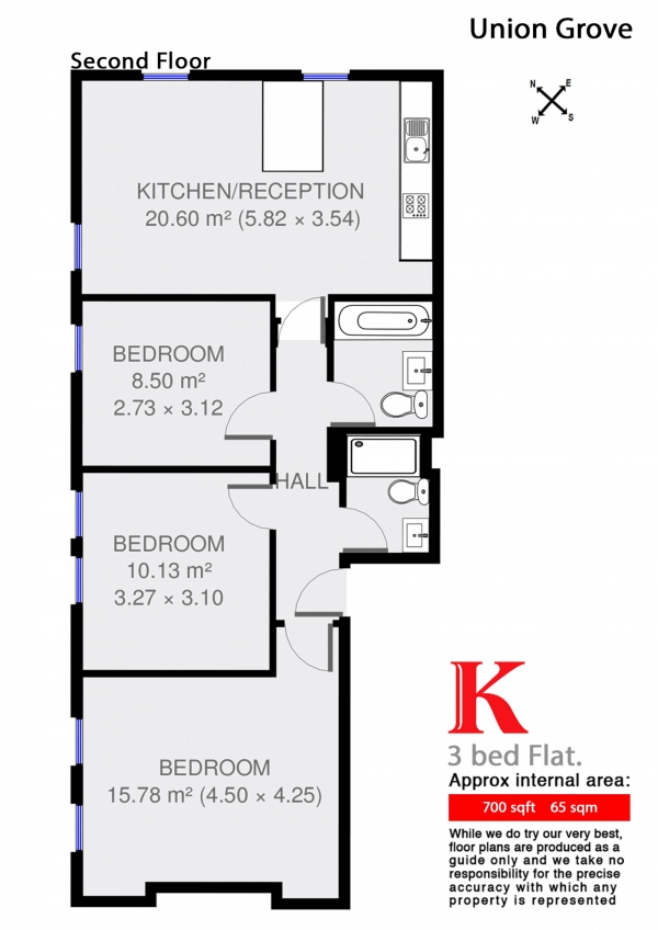 Floor Plan Image for 3 Bedroom Flat to Rent in Union Grove, Stockwell, London SW8