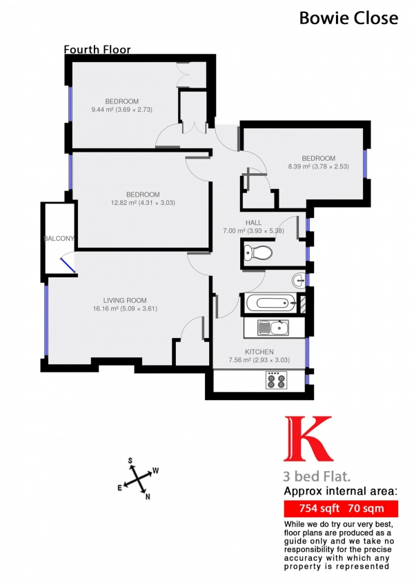 Floor Plan Image for 3 Bedroom Flat to Rent in Bowie Close, Clapham, London SW4