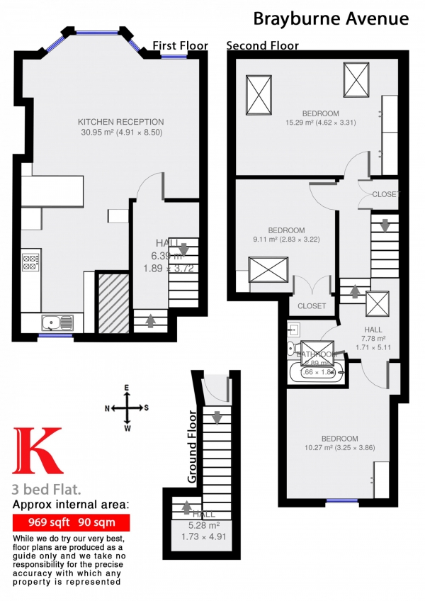 Floor Plan Image for 3 Bedroom Flat to Rent in Brayburne Avenue, Clapham, London SW4