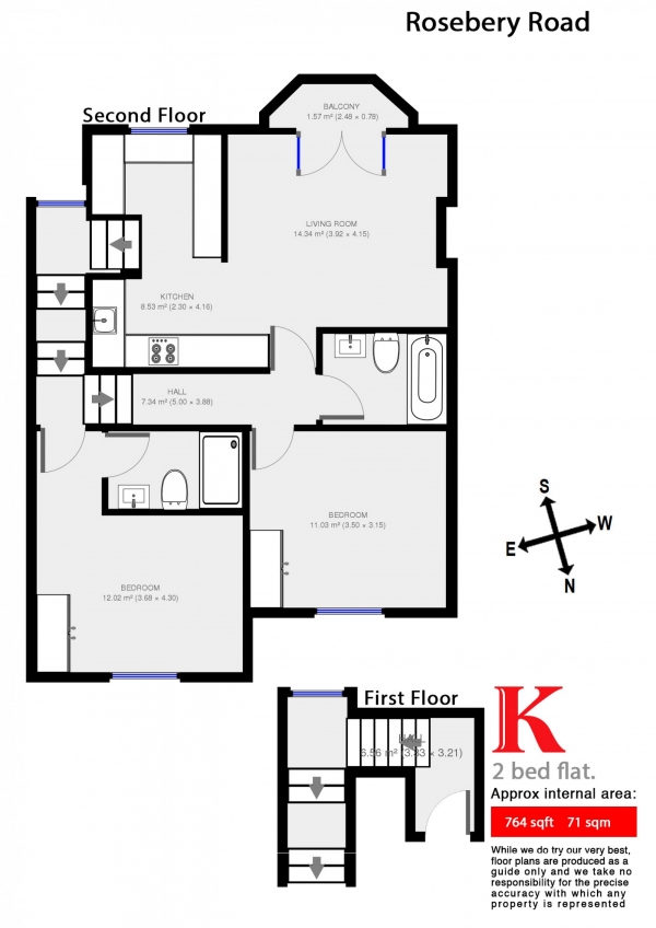 Floor Plan for 2 Bedroom Flat to Rent in Rosebery Rd, Clapham, London SW2, Clapham, SW2, 4DQ - £485  pw | £2102 pcm