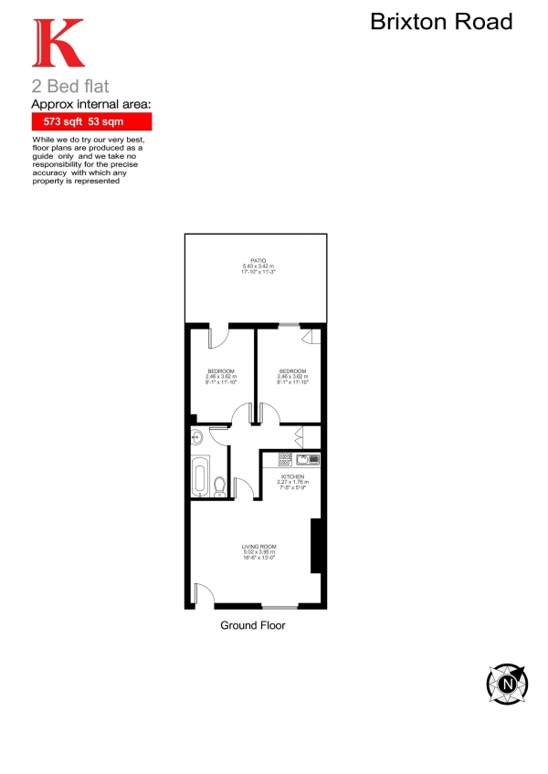 Floor Plan for 2 Bedroom Flat to Rent in Brixton Road, London, London SW9, London, SW9, 6AU - £380  pw | £1647 pcm