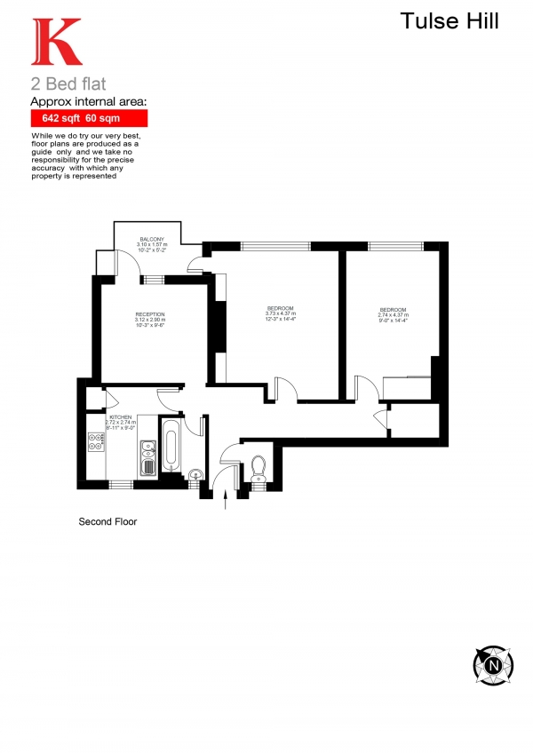 Floor Plan for 2 Bedroom Flat for Sale in Tulse Hill, Brixton, London SW2, Brixton, SW2, 2JB -  &pound349,950