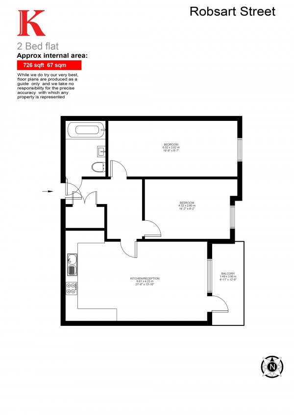 Floor Plan Image for 2 Bedroom Flat for Sale in Robsart Street, London, London SW9