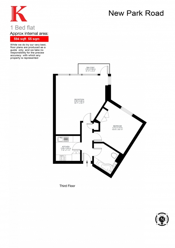 Floor Plan Image for 1 Bedroom Flat for Sale in Courtenay House, New Park Road, London, London SW2