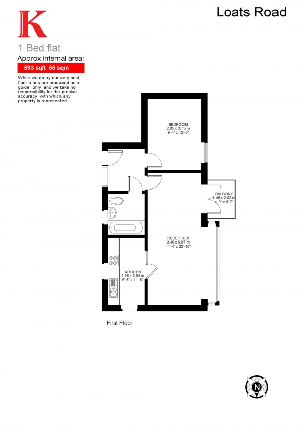 Floor Plan for 1 Bedroom Flat for Sale in Loats Road, Brixton, London SW2, Brixton, SW2, 5PU -  &pound365,000