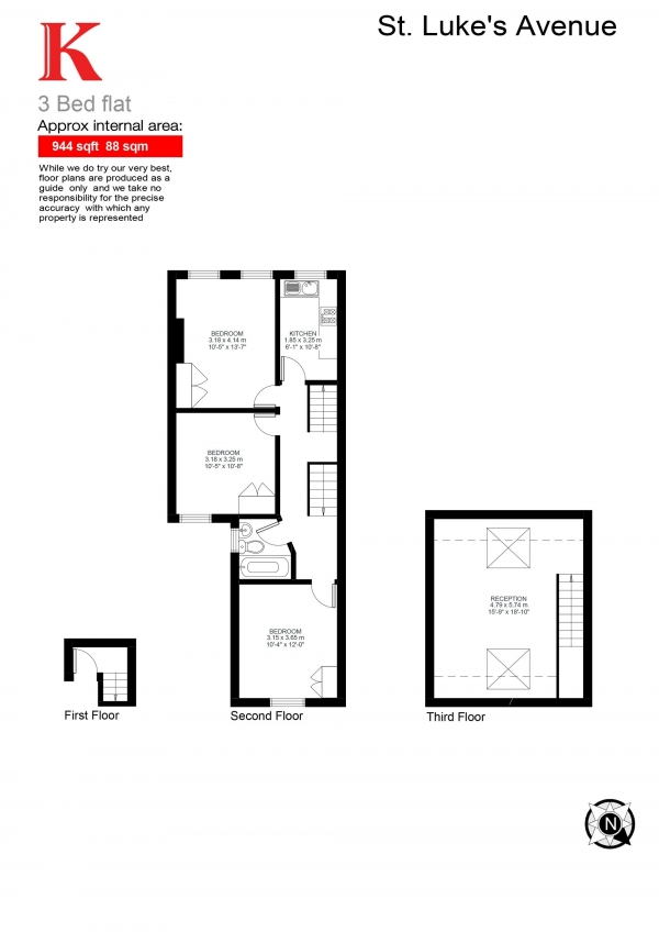 Floor Plan Image for 3 Bedroom Flat for Sale in St Luke's Avenue, Clapham, London SW4