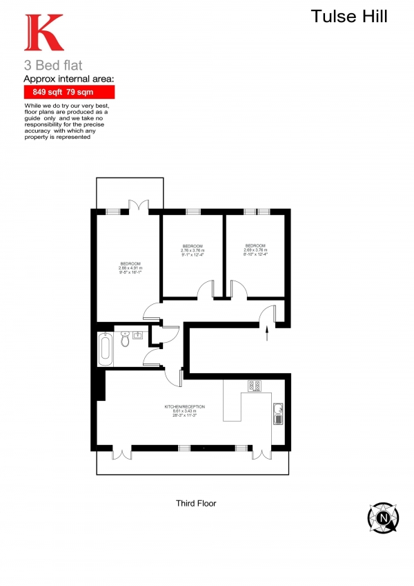 Floor Plan Image for 3 Bedroom Flat to Rent in Tulse Hill, Brixton Hill, London SW2